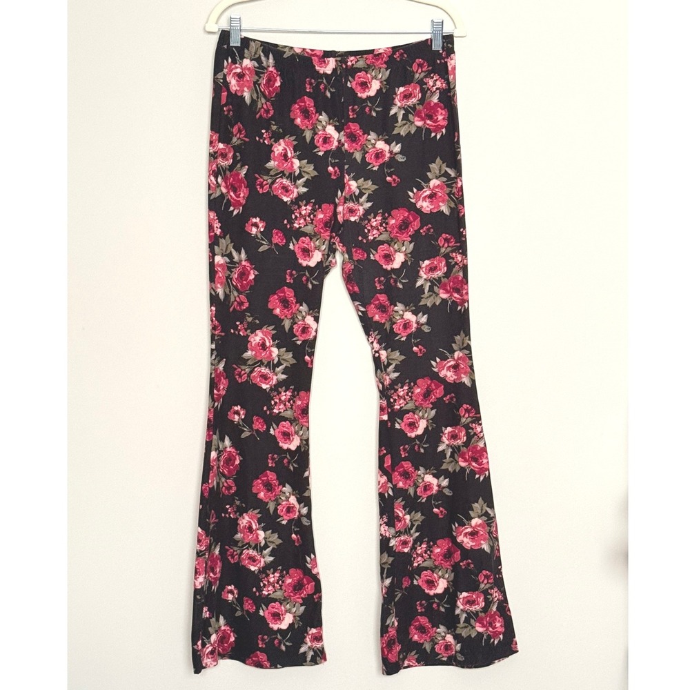 No Boundaries Leggings XL Black Floral Rose Boho Hippie Bell Flare Yoga Pants